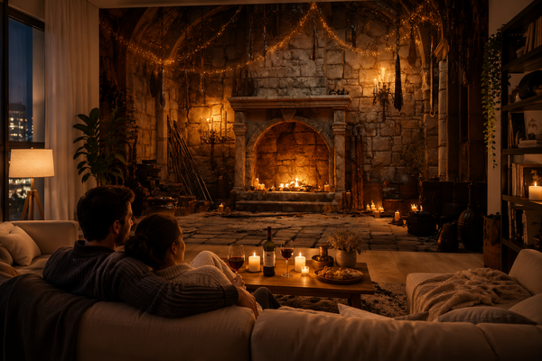 Atmosphärischer mittelalterlicher Rittersaal mit Kamin und warmem Abendlicht