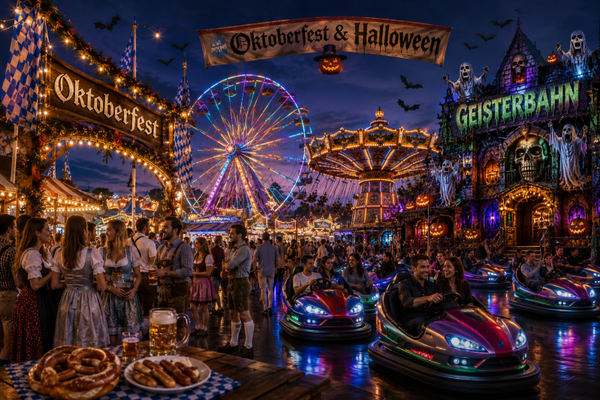 Oktoberfest & Halloween – Spektakulärer Kirmes-Wandbehang voller Lichter und Abenteuer