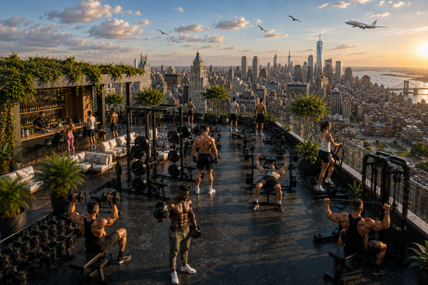 Open-Air-Fitnesscenter über den Wolken – Wandbehang