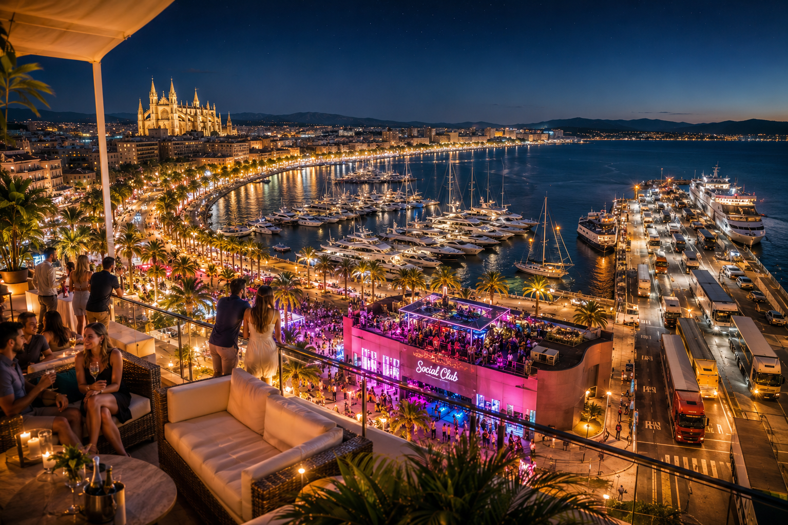 Palma de Mallorca bei Nacht – Luxusmarina & Hafenpromenade