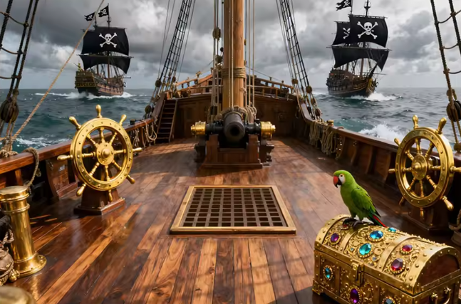 Piratenschiff auf hoher See – Premium Wandbehang mit epischer Seeschlacht
