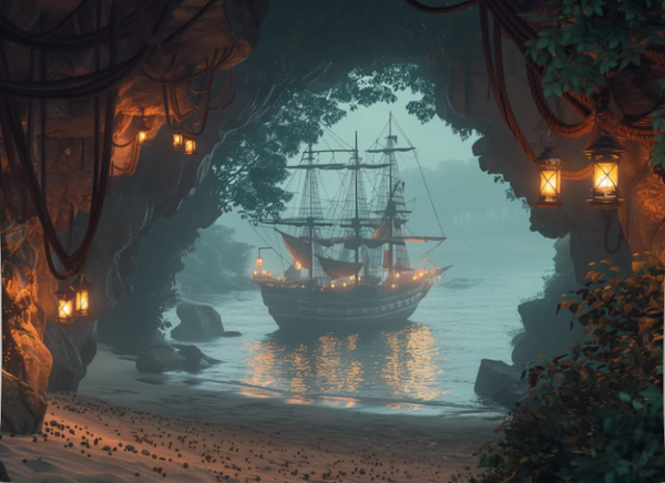 Piratenschiff in geheimnisvoller Meeresgrotte – Premium Wandbehang mit beeindruckender Tiefenwirkung