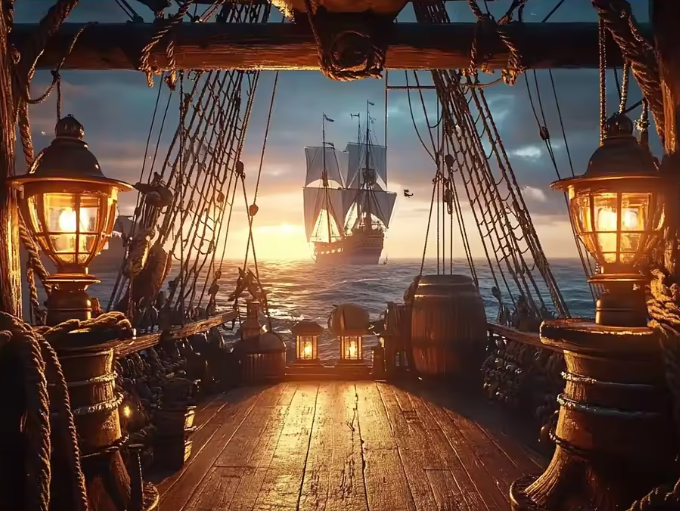 Historisches Piratenschiff im Sonnenuntergang – Premium Wandbehang mit beeindruckender Tiefenwirkung