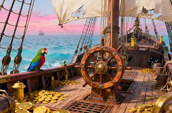 Piratenschiff mit Steuerrad und Goldschatz – Premium Wandbehang voller Abenteuer