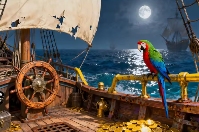 Piratenschiff bei Vollmond – Premium Wandbehang mit magischer Nacht auf See