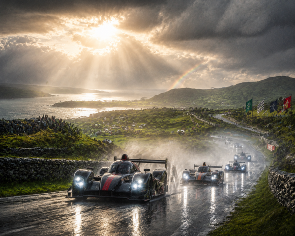 Rennwagen im Regen – Cineastische Motorsport-Atmosphäre in Irland