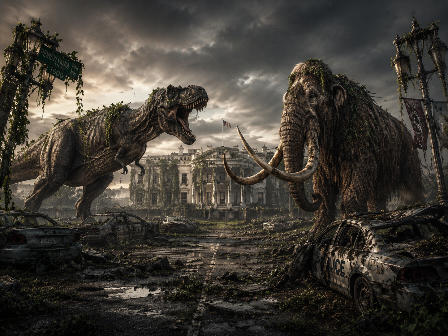 Rex und Mammut vor dem Weißen Haus – Apokalyptischer Wandbehang