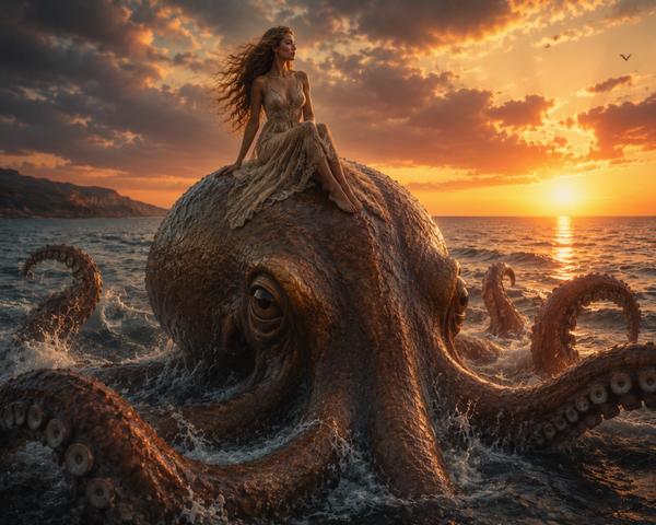 Riesiger Oktopus im Sonnenuntergang – Fantasievolle Meereswelt als Wandbehang