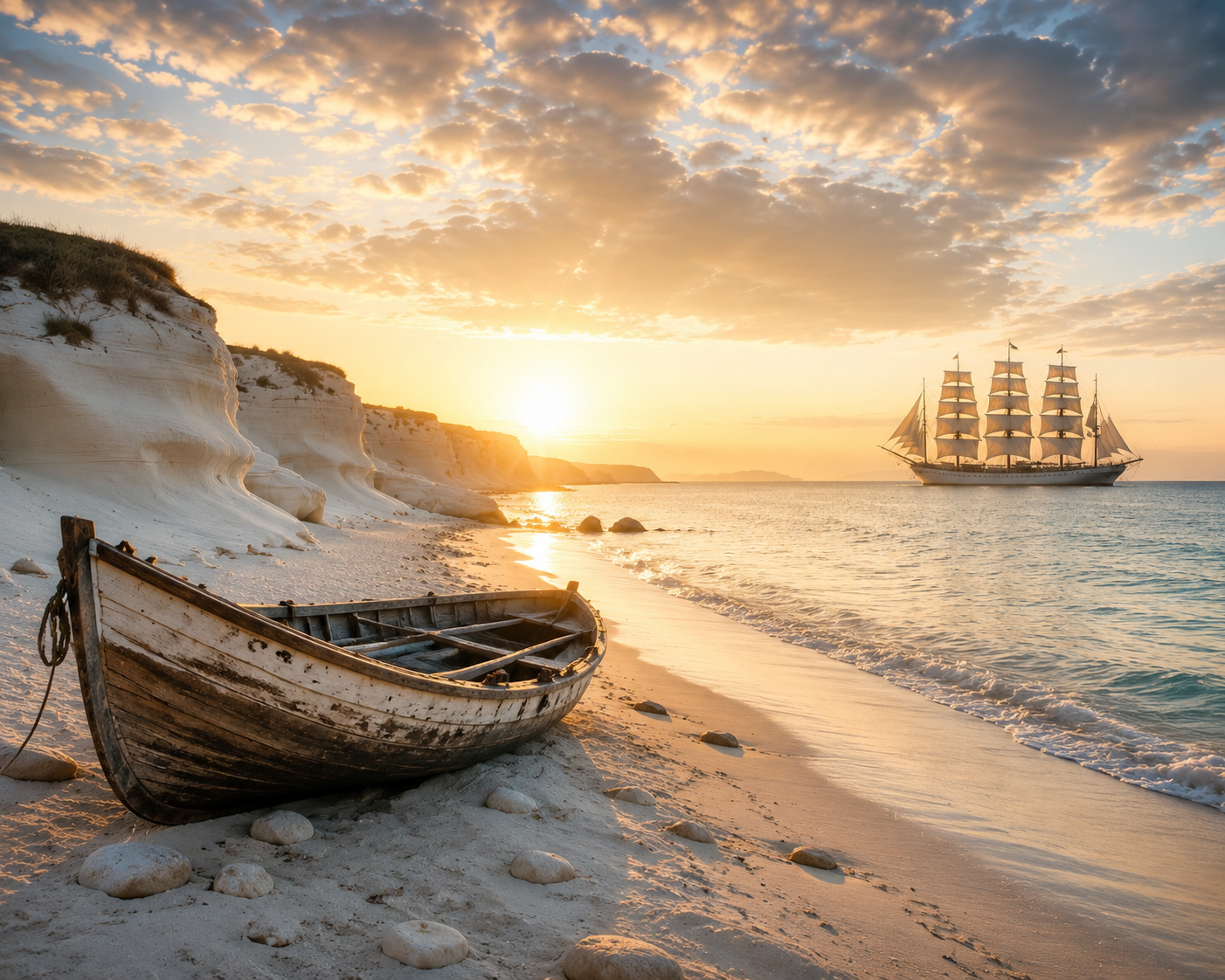 Romantischer Strand Wandbehang – Antikes Segelschiff vor weißen Felsendünen