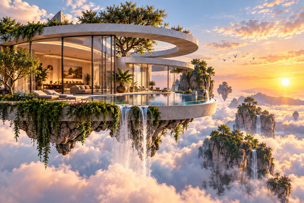 Schwebende Konstruktion – Fantastische Villa über den Wolken mit Wasserfällen und Infinity-Pool