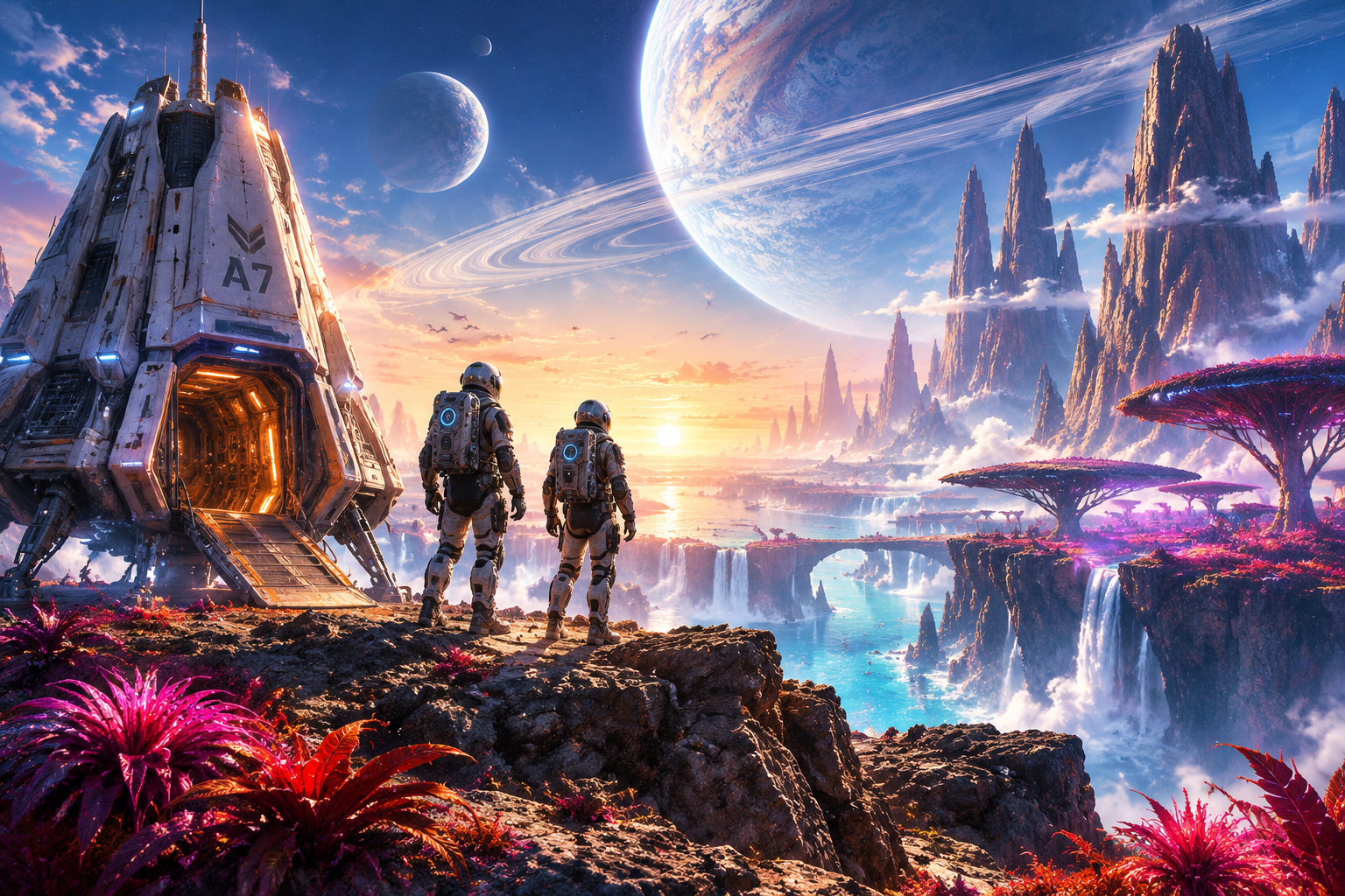 Sci-Fi Wandbehang – Astronauten und Raumkapsel auf fremdem Planeten