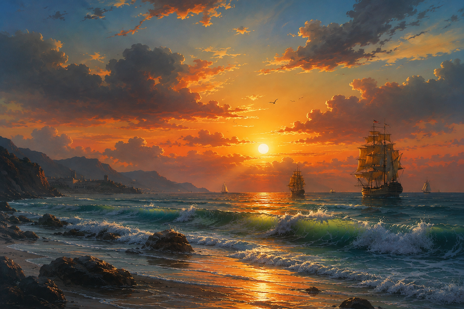 Segelschiffe im Sonnenuntergang – Maritimer Wandbehang