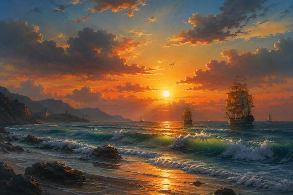 Segelschiffe im Sonnenuntergang – Maritimer Wandbehang
