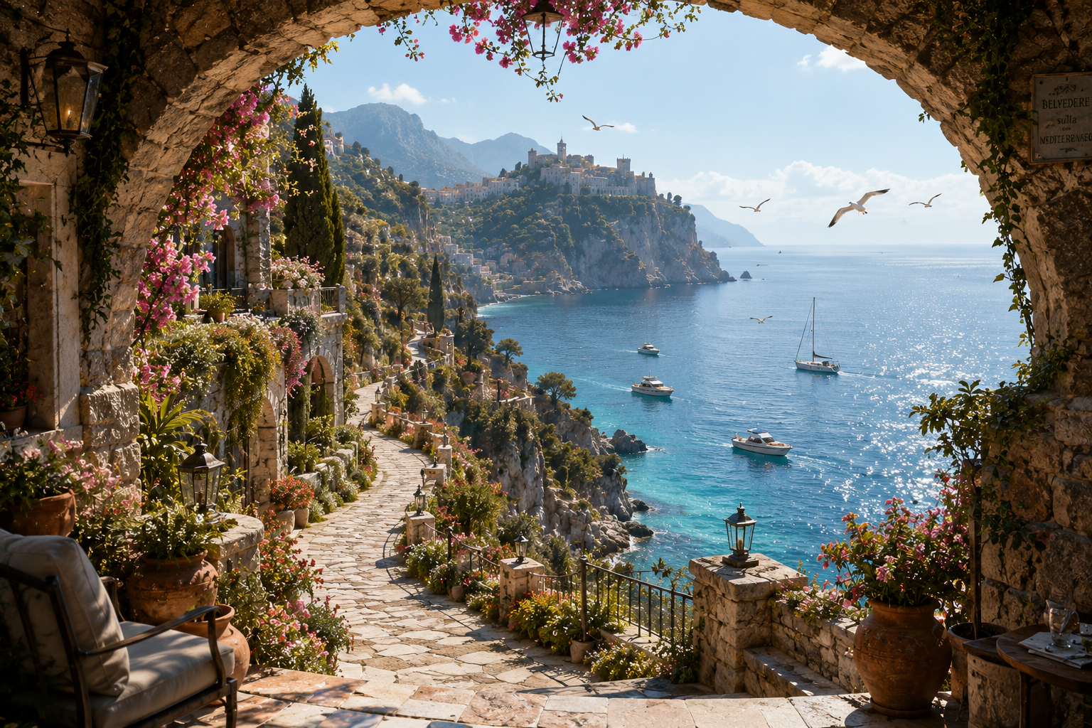 Terrassen-Ausblick – Mediterrane Felsenküste mit Meerblick & Burglandschaft