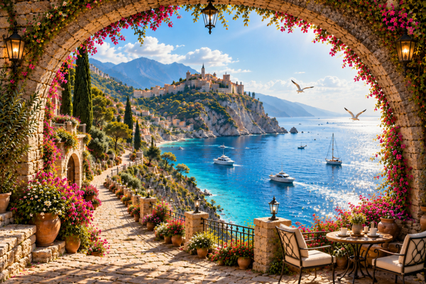 Terrassen-Ausblick – Mediterrane Felsenküste mit Meerblick & Burglandschaft