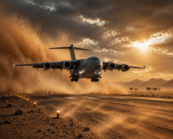 Transportflugzeug im Wüstensturm – Abenteuerlicher Landeanflug über der Sahara