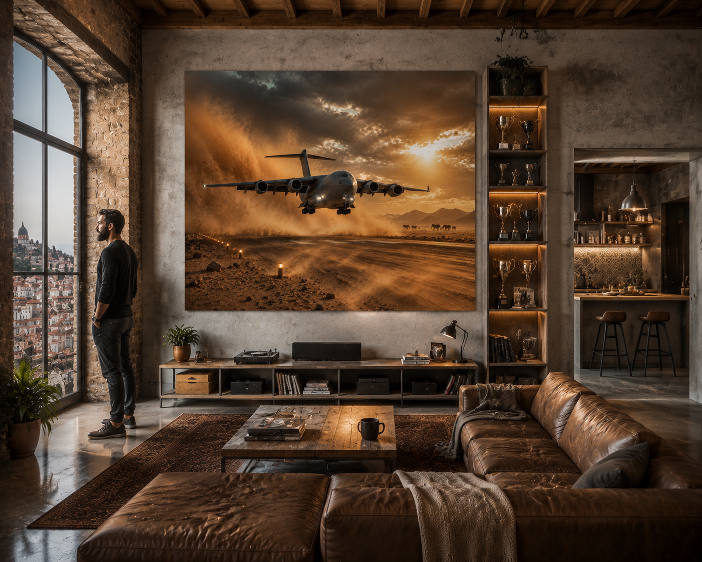 Schweres Transportflugzeug landet mit Licht im Sandsturm auf einer Sahara Piste mit Elefanten im Hintergrund