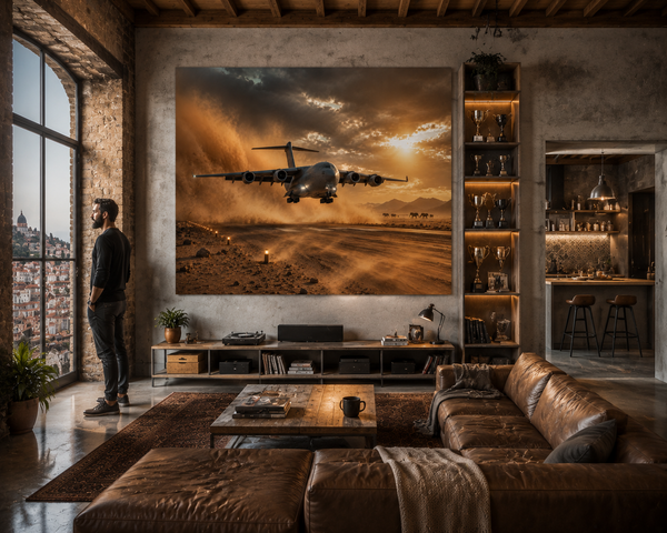 Großformatiger Wandbehang mit Transportflugzeug in einem Loft