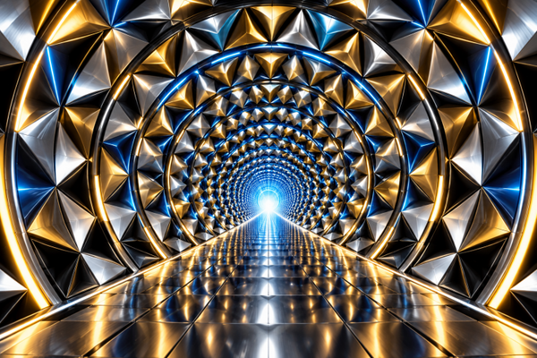 Optische Täuschung Tunnel – Futuristischer Durchgang mit metallischer Raumtiefe und Fluchtpunkt
