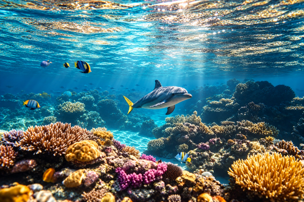 Unterwasserwelt Wandbild – Delfin & Korallenriff im tropischen Ozean