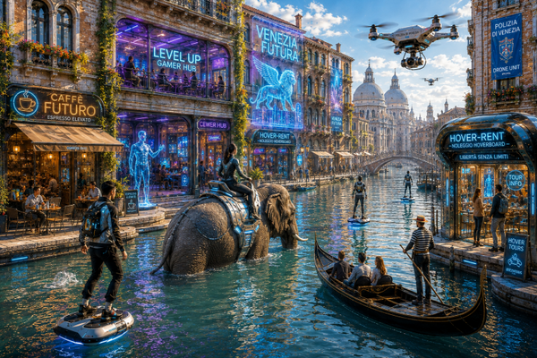Venezia Futura – Science-Fiction-Wandbehang mit schwebenden Hoverboards