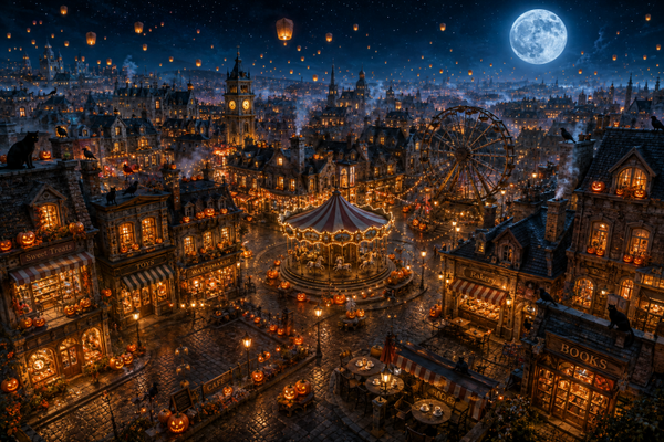 Die verlassene Halloween-Stadt um Mitternacht