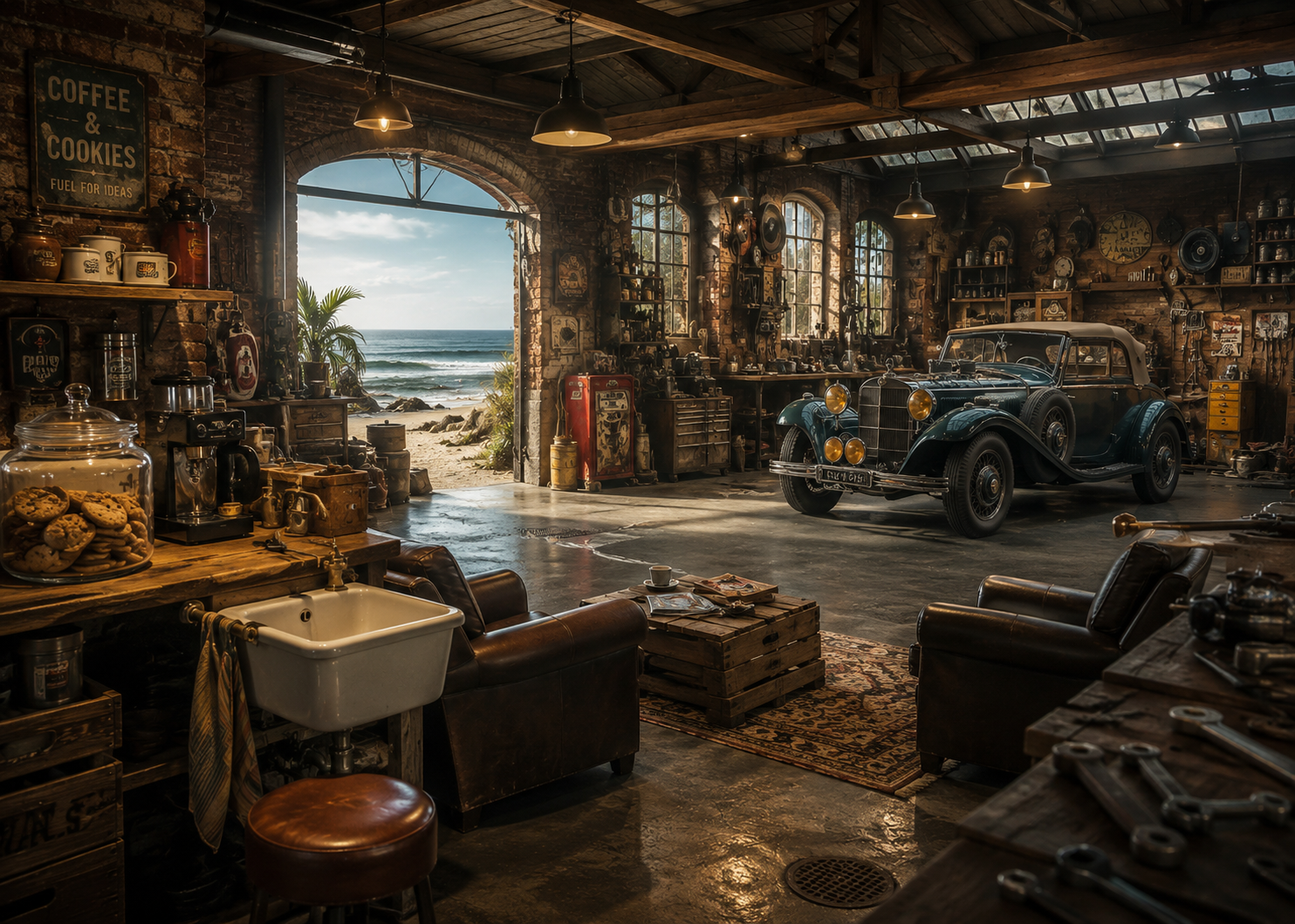 Vintage Garage am Strand – Klassischer Oldtimer, Werkstatt & Küstenblick