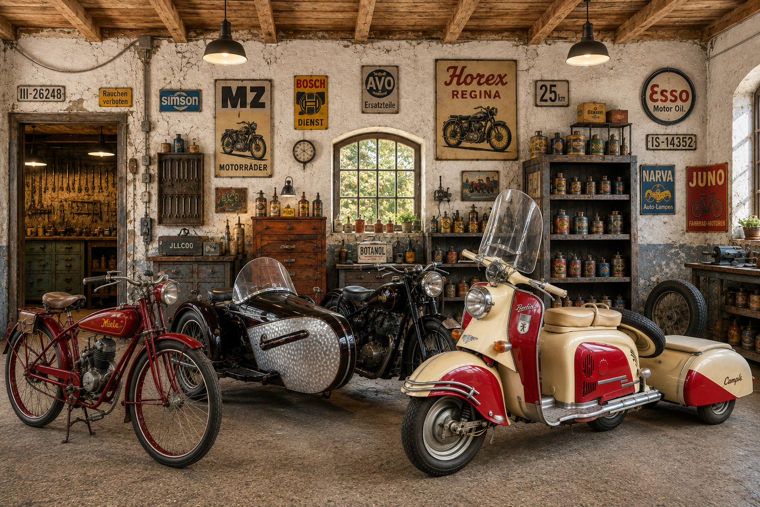Vintage Motorrad-Garage mit Berlin-Roller, Campi-Anhänger & Oldtimern – Wandbehang