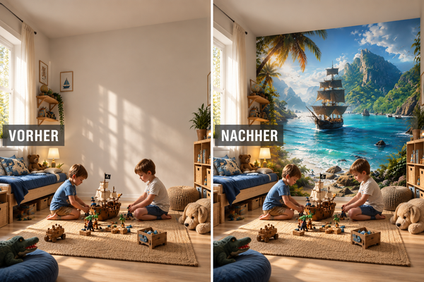 Vorher-Nachher-Vergleich eines Kinderzimmers mit Segelschiff- und Tropenmotiv