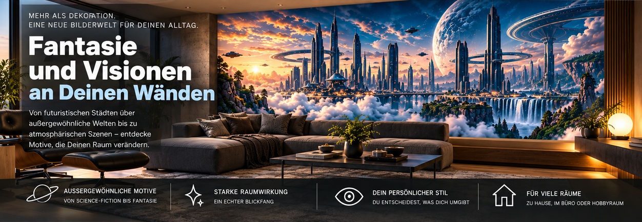 Modernes Wohnzimmer mit großformatigem futuristischem Science-Fiction-Stadtmotiv