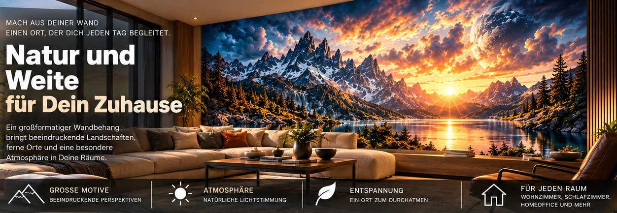 Modernes Wohnzimmer mit großformatigem Landschaftsmotiv eines Bergsees bei Sonnenuntergang