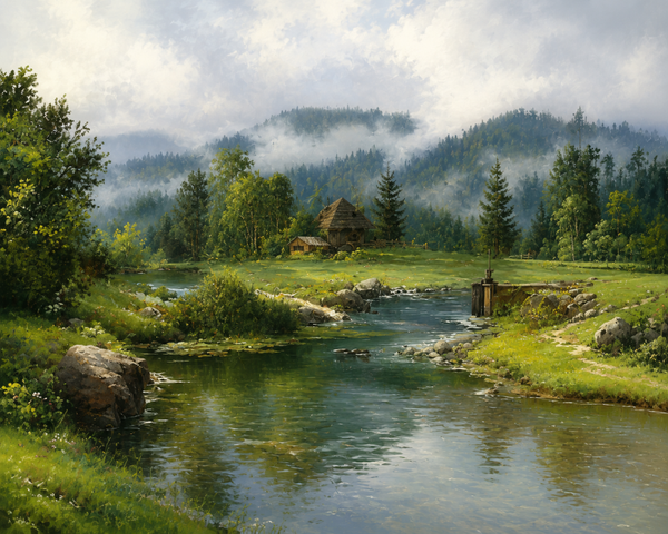 Natur Wandbehang – idyllischer Fluss mit Berghütte und Nebellandschaft XXL