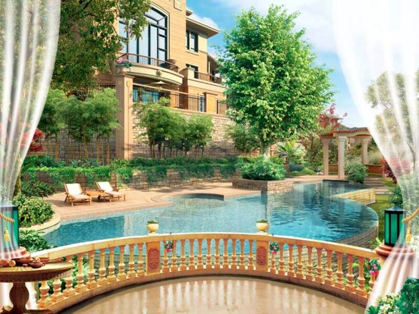 Luxus Villa Wandbehang – mediterraner Garten mit Pool und Sonnenterrasse XXL
