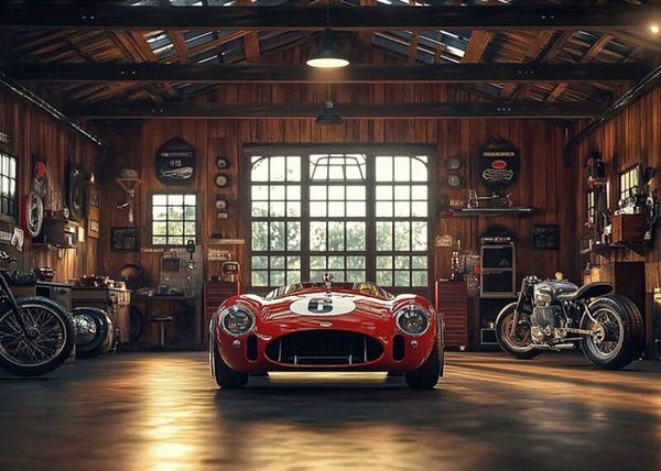 Wandbehang Roter Oldtimer – Vintage Garage Lifestyle Wandbild
