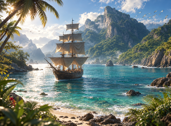 Wandbehang Segelschiff – Tropische Abenteuerwelt fürs Kinderzimmer