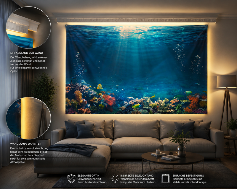 Wandbehang Unterwasserwelt Korallenriff mit Sonnenstrahlen und indirekter LED Beleuchtung im modernen Wohnzimmer