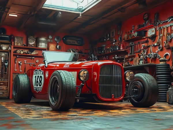 Roter Hot Rod in der Oldtimer-Werkstatt