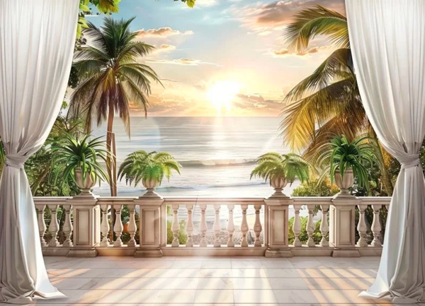 Tropische Terrasse mit Blick aufs Meer