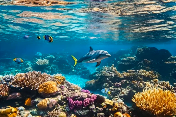 Delfin im Korallenriff – Farben der tropischen Unterwasserwelt