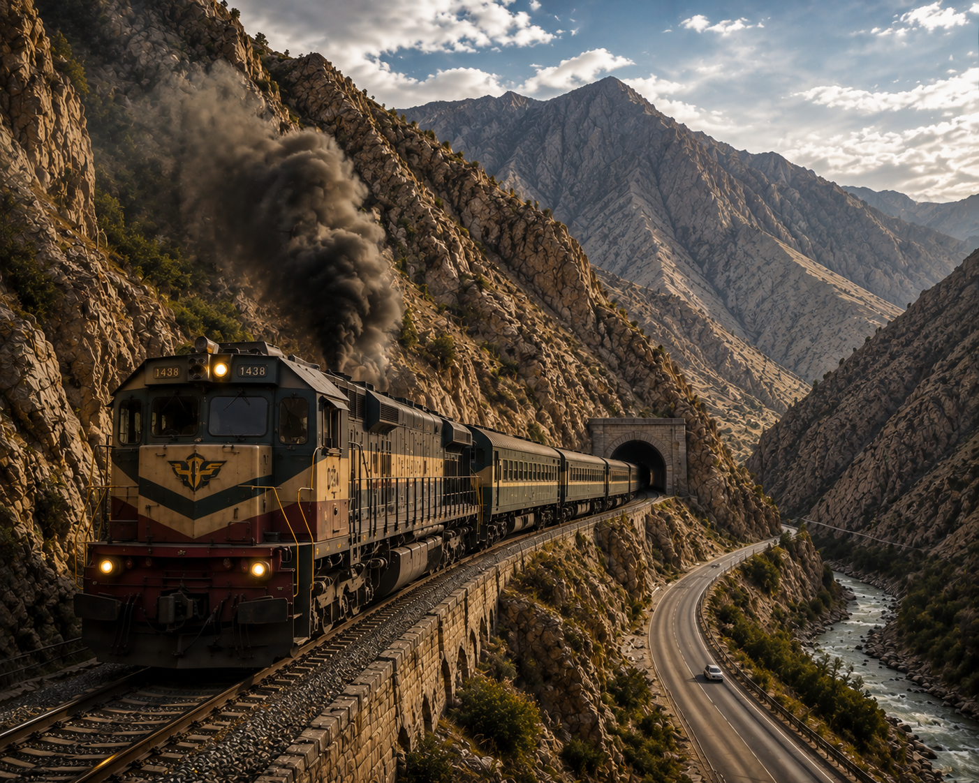 Zugfahrt durch iranische Berge – Diesel-Lok mit Tunnel und spektakulärer Landschaft als Wandbehang
