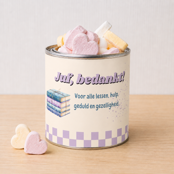 Blikje met snoepjes en wikkel - Bedankt juf! (Lila)