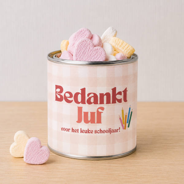 Blikje met snoepjes en wikkel - Bedankt juf!
