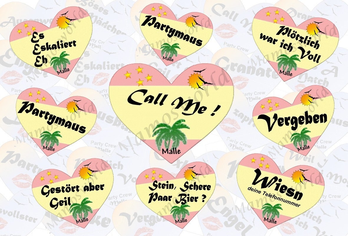 Aufkleber - Herzform - Malle Spanien - Lustige Sprüche - Party Aufkleber - versch. Motive