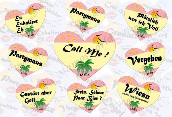 Aufkleber - Herzform - Malle Spanien - Lustige Sprüche - Party Aufkleber - versch. Motive