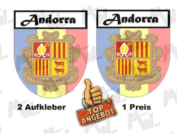 2 Aufkleber - Wappen - Flagge - Andorra -  60x75 mm