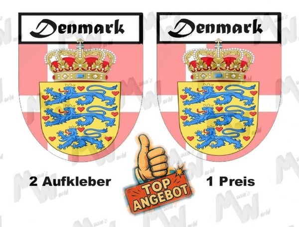 2 Aufkleber - Wappen - Flagge - Denmark -  60x75 mm