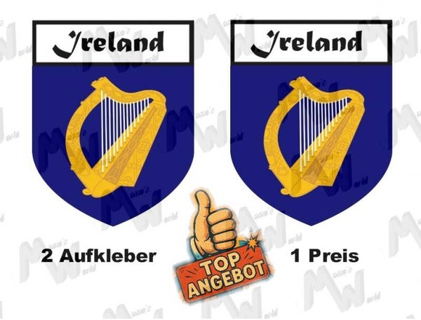 2 Aufkleber - Wappen - Flagge - Ireland -  60x75 mm