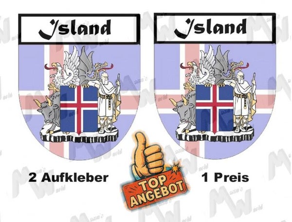 2 Aufkleber - Wappen - Flagge - Island -  60x75 mm