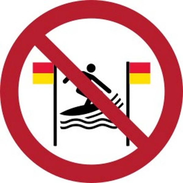 Aufkleber -  P064 Surfen zwischen den rot-gelben Flaggen verboten  - ISO DIN 7010 - Verbotszeichen - versch. Größen