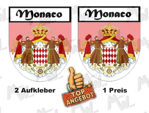 2 Aufkleber - Wappen - Flagge - Monaco -  60x75 mm
